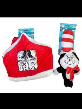 Dr Seuss Cat in the Hat Dog Toy Bundle Plush Cat & House Squeaker Toys NWT